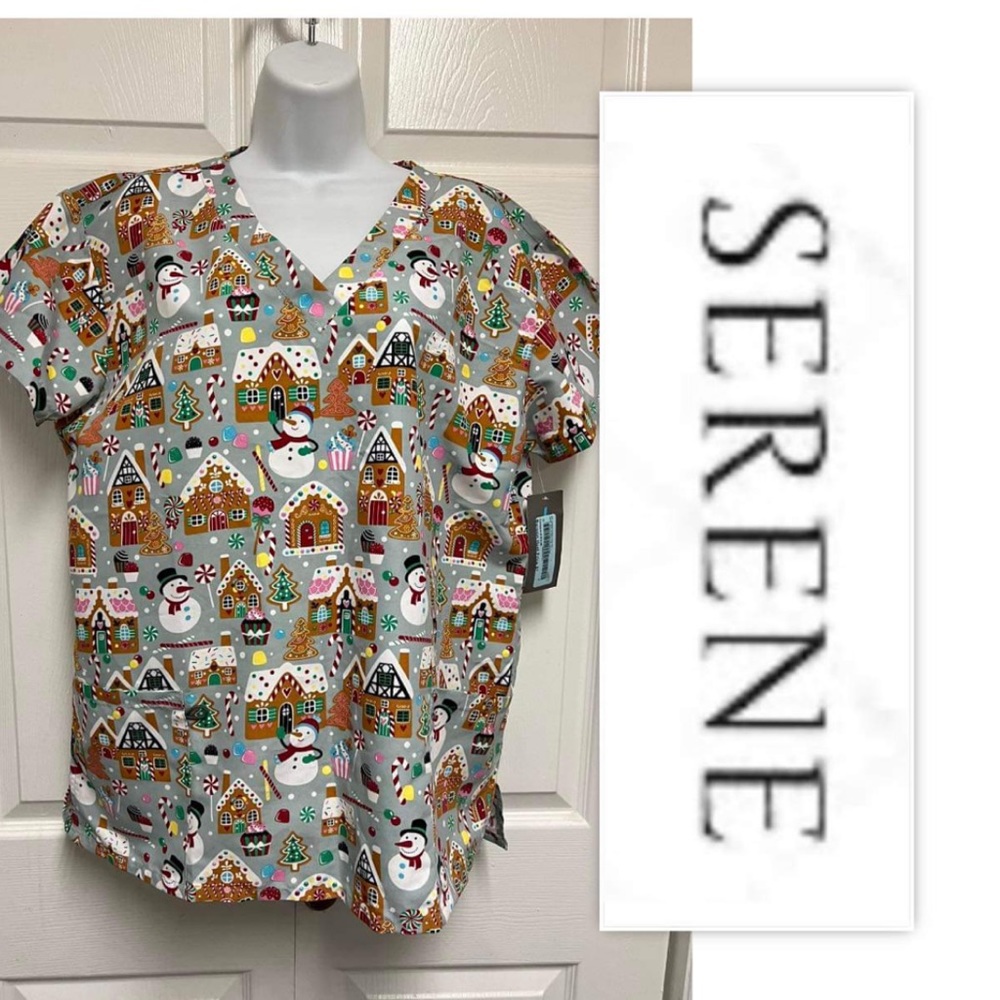 Serene Uniforms | Gray & Red Gingerbread House Pocket V-Neck Scrub Top